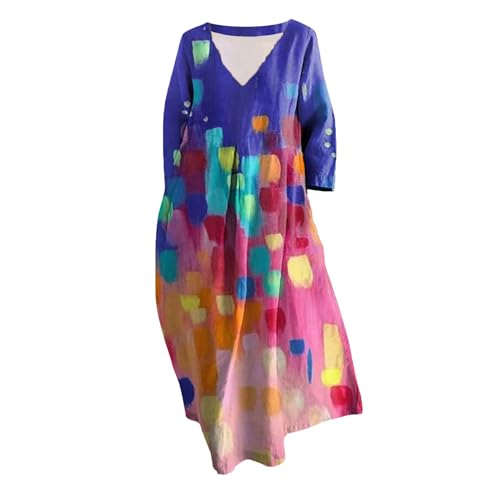 Sale Angebote unter 10 Euro Kleid Damen Langarm Sommer Kleider Lang Freizeit Lose Sommerkleid Boho Maxikleid Elegant Drucken Rundhals Strandkleid mit Taschen Langarm Kleid Damen Baumwolle von Skang