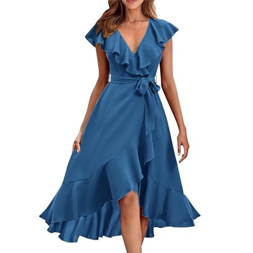 Sale Damen Sommerkleider Sommerkleid Damen Elegant Damen-Kleid mit V-Ausschnitt kurzen Ärmeln Rüschen und Langer Schnürung Kleider Teenager Sommer Sommerkleider Damen Knielang von Skang