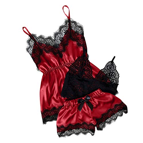 Sexy Dessous Damen für Sex Frauen V-Ausschnitt Wimpern Spitze Sexy-Fleck Camisole Schlafanzug-Bowknot-Kurzshot-Set Rotes Dessous Set von Skang