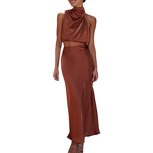 Skang 2 Teiler Damen Rock Und Oberteil Damen Sommer Langes Formales Satin Kleid Stehkragen Ärmellos Seitenschlitz Flowy Maxi Tank Zweiteiliges Oberteil und Rock Minirock Stretch von Skang