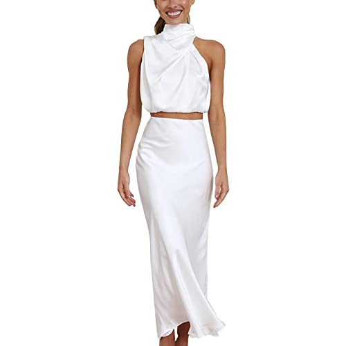 Skang 2 Teiler Damen Rock Und Oberteil Damen Sommer Langes Formales Satin Kleid Stehkragen Ärmellos Seitenschlitz Flowy Maxi Tank Zweiteiliges Oberteil und Rock Minirock Stretch von Skang