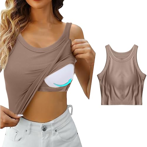 Skang Crop Tops Damen Unterhemden Mit Integriertem BH Seamless Tanks Built in Bra Ärmellose Bluse Sommer Top Spaghettiträger Locker von Skang