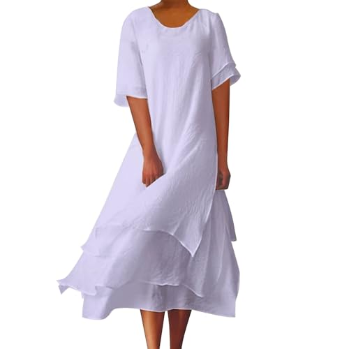 Skang Damen Kleider Sommer Knielang Sale Sommerkleid Damen Midi Damen-Freizeitkleid einfarbig Rundhalsausschnitt knopflos aus Baumwolle und Leinen unregelmäßiger fließender Saum Kleid Rot Langarm von Skang