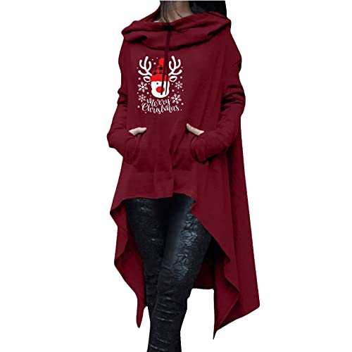 Skang Damen Pullover Elegant Weihnachten Damen Langarm Brief gedruckt Hoodies Pullover Kordelzug Lange Sweatshirt Bluse mit Tasche Hoodie Oliv (Red, L) von Skang