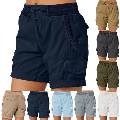 Skang Damen Shorts Sommer Casual Kurze Hosen Tunnelzug Elastische Stoffhose Hotpants Strand Shorts mit Taschen Hoher Taille Lockere Shorts Freizeit Shorts Elastische Stoffhose von Skang