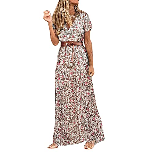 Skang Damen Sommerkleid Boho Elegant V-Ausschnitt Kurzarm Maxikleid Drucken Sommer Lang Kleid Strandkleid Böhmisch Blumenkleid Partykleid Freizeitkleid mit Gürtel von Skang