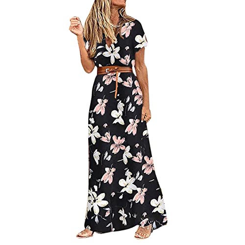 Skang Damen Sommerkleid Boho Elegant V-Ausschnitt Kurzarm Maxikleid Drucken Sommer Lang Kleid Strandkleid Böhmisch Blumenkleid Partykleid Freizeitkleid mit Gürtel von Skang