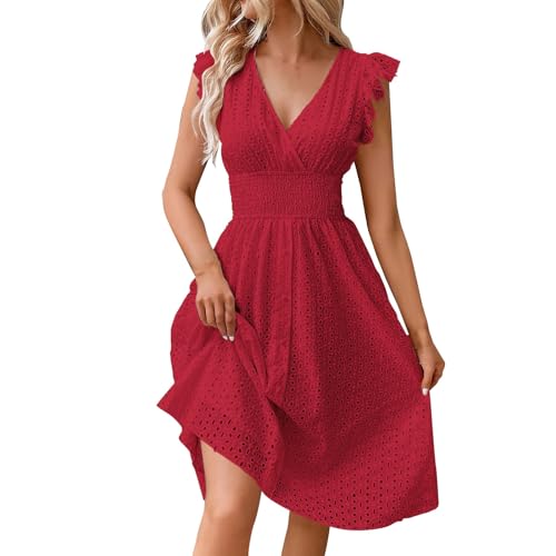 Skang Damenkleider Sommer Sale Sommerkleid Damen Leicht Midi-Damenkleid mit Spitzen-Jacquard-Ausschnitt und schlankmachendem V-Ausschnitt in Übergröße Weite Kleider Sommerkleid große größen von Skang