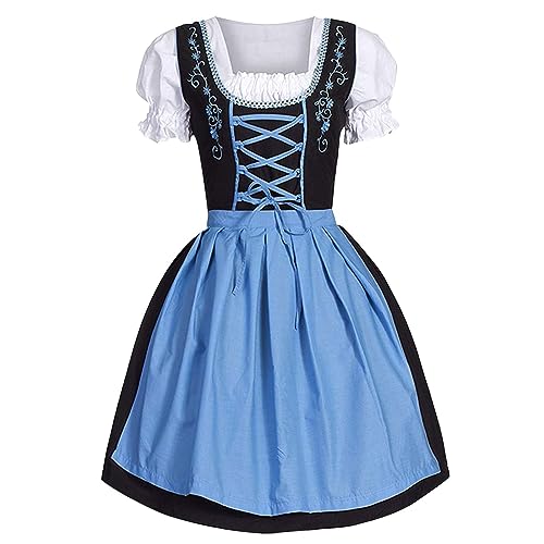 Skang Dirndl Blau Damen Deutsches Kleid für Damen in Übergröße mit eckigem Ausschnitt, Schürze, Oktoberfest-Biermädchen-Kostüm Billige Gothic-Kleidung (A3-Blue, XXL) von Skang