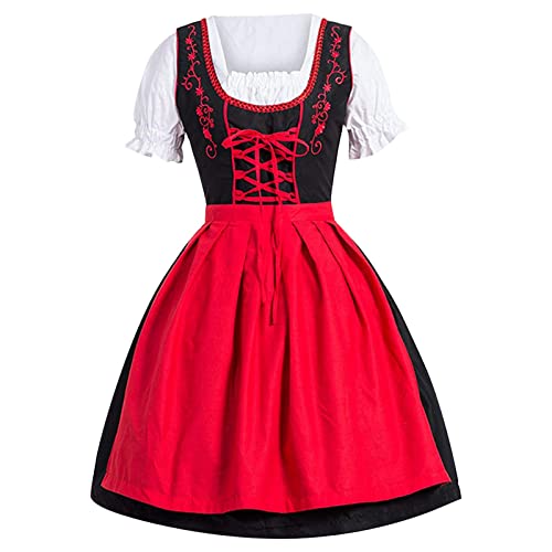 Skang Dirndl Blau Damen Deutsches Kleid für Damen in Übergröße mit eckigem Ausschnitt, Schürze, Oktoberfest-Biermädchen-Kostüm Billige Gothic-Kleidung (A3-Red, XXXXXL) von Skang