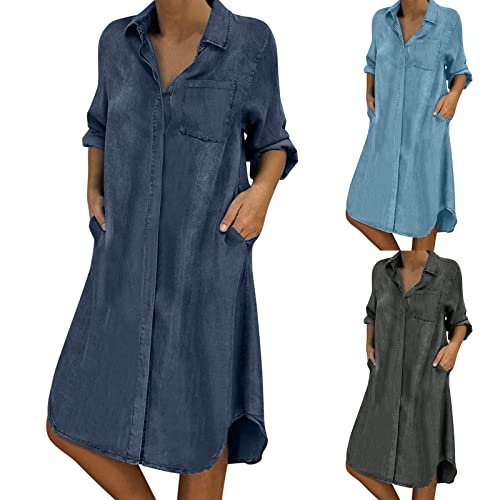 Skang Jeanskleid Sommerkleid Damen Jeans Kleider V-Ausschnitt Langarm Strandkleider Einfarbig A-Linie Boho Knielang Kleid Denimkleid Tunika Hemd Blusenkleid Hemdkleid Shirtkleid Tunikakleider von Skang