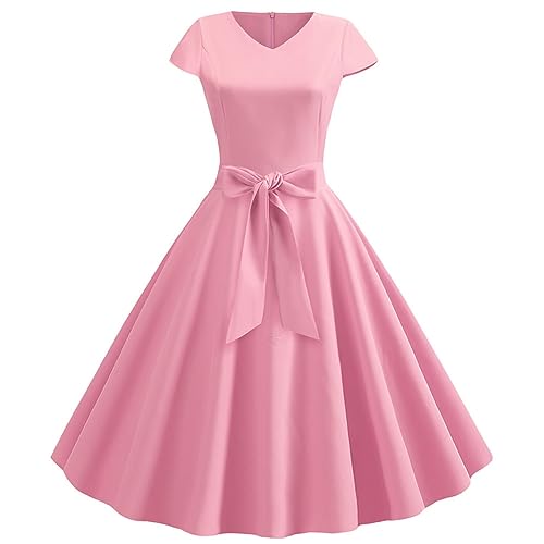 Skang Kleider Damen Sommer Große Größen Vintage-Kleid mit V-Ausschnitt und kurzen Ärmeln, einfarbig, Freizeitkleid, Cocktail-Abendkleid Kleider Für Hochzeitsgäste Damen von Skang