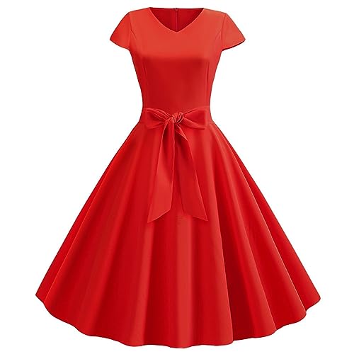 Skang Kleider Damen Sommer Große Größen Vintage-Kleid mit V-Ausschnitt und kurzen Ärmeln, einfarbig, Freizeitkleid, Cocktail-Abendkleid Kleider Für Hochzeitsgäste Damen von Skang