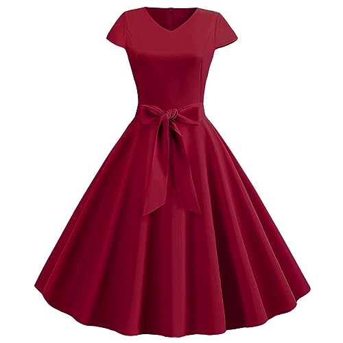Skang Kleider Damen Sommer Große Größen Vintage-Kleid mit V-Ausschnitt und kurzen Ärmeln, einfarbig, Freizeitkleid, Cocktail-Abendkleid Kleider Für Hochzeitsgäste Damen von Skang