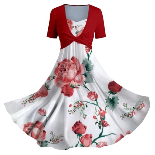 Skang Kleider Damen Sommer Sale Sommerkleid Damen Elegant Lässiges Slip-Urlaubskleid für Damen im Frühjahr/Sommer mit Blumen-Kunstdruck Damenkleider Elegant Festlich Hochzeit Kleid rot Damen elegant von Skang