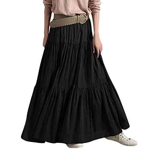 Skang Maxi Rock Für Damen Sommer Damen-Frühling/Sommer, lässig, hohe Taille, Baumwolle und Leinen, einfarbig, plissiert, lockerer Swing, halblanger Rock Rock A Linie Knielang von Skang