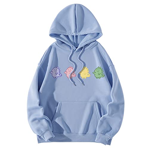 Skang Pullover Damen Damen-Sweatshirt mit Dinosaurier-Print und Rundhalsausschnitt, lässig, langärmlig Flauschige Pyjama Damen (Light Blue, M) von Skang