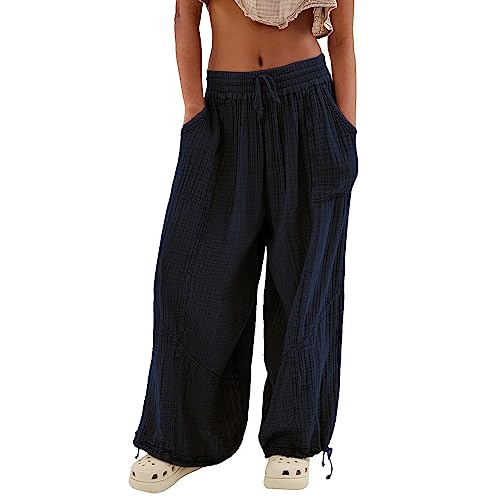 Skang Sommerhose Damen Leicht und Luftig mit Elastischem Bund Casual Lose Trousers Freizeithose mit Taschen Frauen Hosen Hippie Haremshosen High Waist Stoffhose Pumphose Einfarbig Locker Yoga Pants von Skang