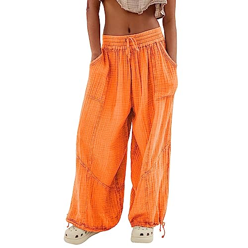 Skang Sommerhose Damen Leicht und Luftig mit Elastischem Bund Casual Lose Trousers Freizeithose mit Taschen Frauen Hosen Hippie Haremshosen High Waist Stoffhose Pumphose Einfarbig Locker Yoga Pants von Skang