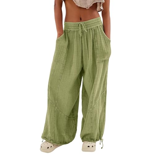 Skang Sommerhose Damen Leicht und Luftig mit Elastischem Bund Casual Lose Trousers Freizeithose mit Taschen Frauen Hosen Hippie Haremshosen High Waist Stoffhose Pumphose Einfarbig Locker Yoga Pants von Skang