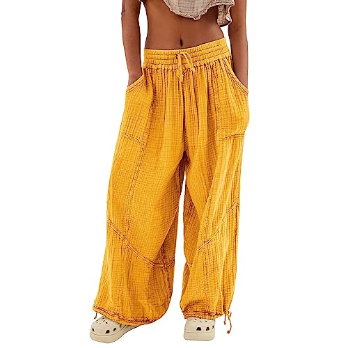 Skang Sommerhose Damen Leicht und Luftig mit Elastischem Bund Casual Lose Trousers Freizeithose mit Taschen Frauen Hosen Hippie Haremshosen High Waist Stoffhose Pumphose Einfarbig Locker Yoga Pants von Skang