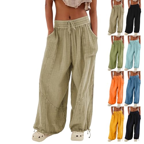 Skang Sommerhose Damen Leicht und Luftig mit Elastischem Bund Casual Lose Trousers Freizeithose mit Taschen Frauen Hosen Hippie Haremshosen High Waist Stoffhose Pumphose Einfarbig Locker Yoga Pants von Skang