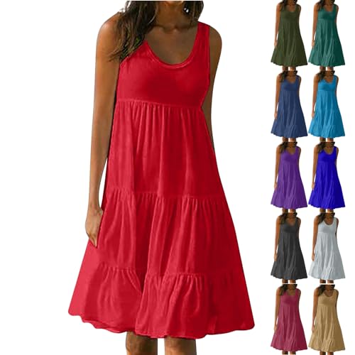 Skang Sommerkleid Damen Ärmelloses Strandkleider Sommer Freizeitkleid Ärmellos Kleider Minikleider Einfarbig A Linie Sommer Lässig Tunikakleid Basic Swing Knielang Strandkleid von Skang