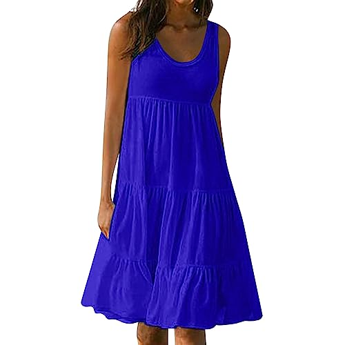 Skang Sommerkleid Damen Ärmelloses Strandkleider Sommer Freizeitkleid Ärmellos Kleider Minikleider Einfarbig A Linie Sommer Lässig Tunikakleid Basic Swing Knielang Strandkleid von Skang