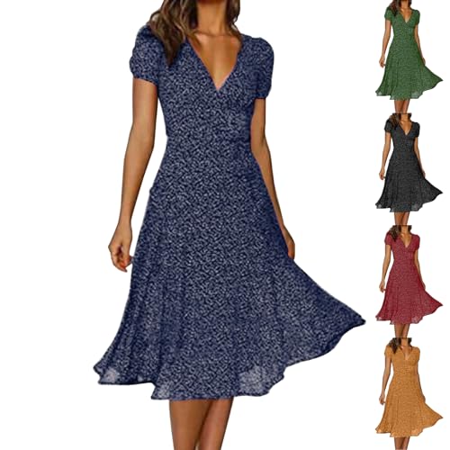 Skang Sommerkleid Damen Lang V-Ausschnitt Strandkleid Lässig Kleider Lose Kurzarm Freizeitkleid Elegant A-Linie Midikleid Knielang Partykleid Polka Dot Maxikleid Hohe Taille Boho Kleid von Skang