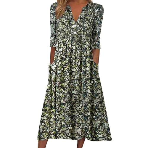 Skang Sommerkleid Große Größen Damen Kleid für Damen, lässig, V-Ausschnitt, Musterdruck, kurzärmelig, Blumendruck, Kleid mit Tasche, lässiges langes Kleid Damen Kleid A Linie von Skang