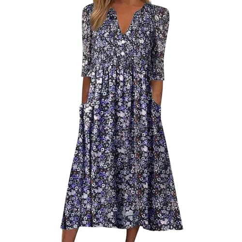 Skang Sommerkleid Große Größen Damen Kleid für Damen, lässig, V-Ausschnitt, Musterdruck, kurzärmelig, Blumendruck, Kleid mit Tasche, lässiges langes Kleid Damen Kleid A Linie von Skang