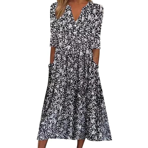 Skang Sommerkleid Große Größen Damen Kleid für Damen, lässig, V-Ausschnitt, Musterdruck, kurzärmelig, Blumendruck, Kleid mit Tasche, lässiges langes Kleid Damen Kleid A Linie von Skang