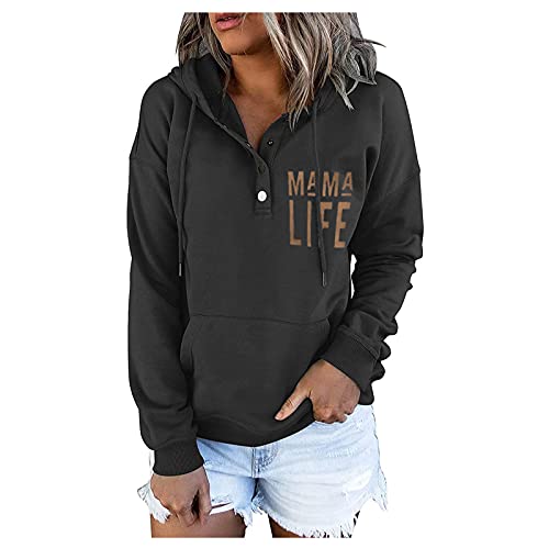 Skang Sweatshirt Damen Frauen Pulli Knopftasche Zeichenkette Langarm-Kapuziner-bedrucktes Blusenh Kuschelpullover Damen Winter (Black, M) von Skang