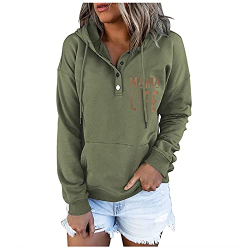 Skang Sweatshirt Damen Frauen Pulli Knopftasche Zeichenkette Langarm-Kapuziner-bedrucktes Blusenh Kuschelpullover Damen Winter (Green, S) von Skang