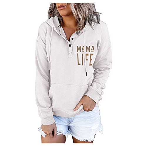 Skang Sweatshirt Damen Frauen Pulli Knopftasche Zeichenkette Langarm-Kapuziner-bedrucktes Blusenh Kuschelpullover Damen Winter (White, L) von Skang