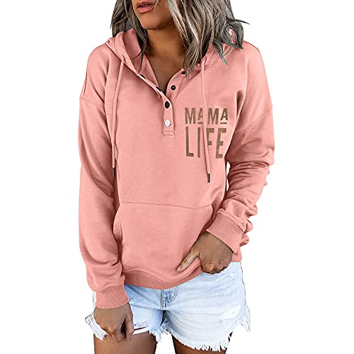 Skang Sweatshirt Damen Frauen Pulli Knopftasche Zeichenkette Langarm-Kapuziner-bedrucktes Blusenh Kuschelpullover Damen Winter von Skang