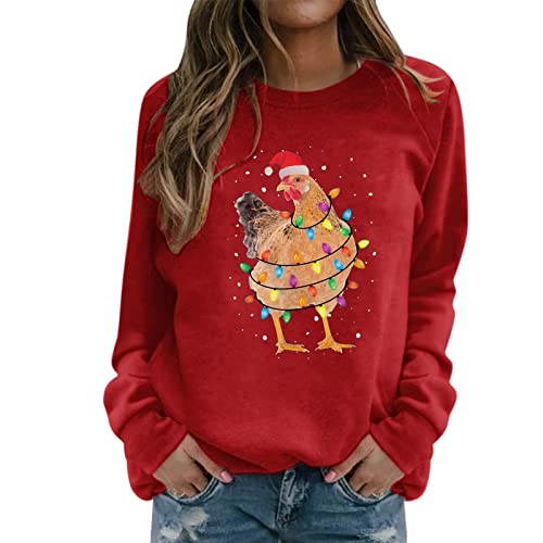 Skang Sweatshirt Damen Weihnachtsdruck, O-Ausschnitt, Rundhalsausschnitt, passend, Pullover, Oberteile, lässig, langärmelig, Workout-Shirts, lockere Bluse Pullover Teenager Mädchen Trend (Red, L) von Skang