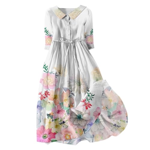 Skang The Deal Sommerkleider abverkauf Sommerkleid Damen Große Größen Damen Casual Art Floral Print Button Midi Langarm Lose Kleid Hochzeitsgast Kleid baumwollkleid Damen Sommer von Skang