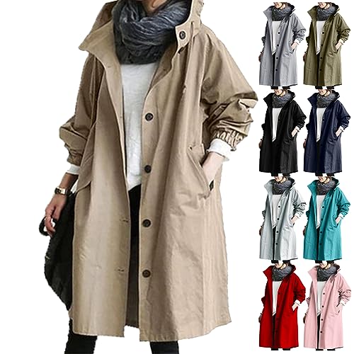 Skang Windbreaker Damen Elegant Winterjacke Langarm Lange Jacke mit Kapuze Übergangsjacke Atmungsaktiv Parka Leichte Herbst Mantel Friesennerz Outdoor Jacken von Skang