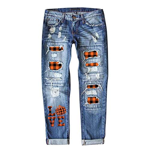 Sommerhose Damen Leicht Damen H Print Ripped Stretch Cute Jeans Slim Fit Distressed Destroyed Butt Lifting Curvy Denim Pants Jeanshose Damen Sexy Billig von Skang