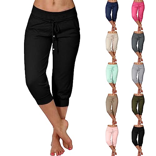 Sommerhose Damen Leicht Kurz Sommer Caprihose 3/4 Jogginghose Casual Lose Elastischen Kordelzug Hose mit Tashen Freizeithosen Sweathose Stoffhose Yoga Capri Hose für Frauen von Skang