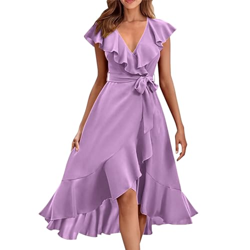 Sommerkleider Sale Knielang Kleider Damen Sommer Elegant Damen-Kleid mit V-Ausschnitt kurzen Ärmeln Rüschen und Langer Schnürung Blusenkleid Blau blusenkleid Damen elegant von Skang