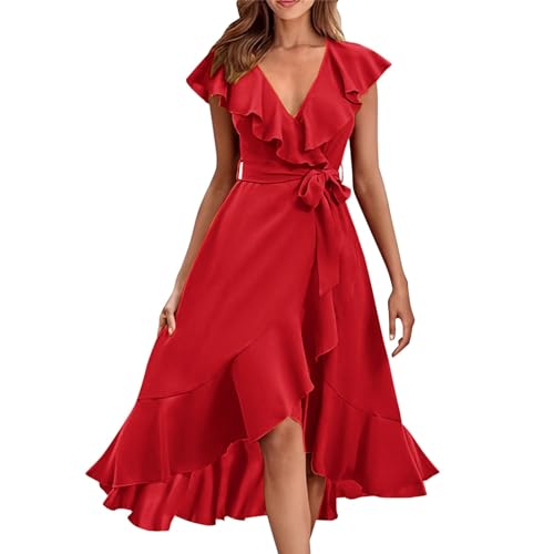 Strandkleider Damen Sommer Sale Sommerkleid Damen Elegant Damen-Kleid mit V-Ausschnitt kurzen Ärmeln Rüschen und Langer Schnürung Kleider Teenager Sommer schicke Sommerkleider von Skang