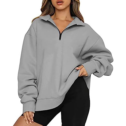 Sweatshirt Damen ohne Kapuze Oversize Pullover Herbst Winter Oberteile Casual 1/4 Zipper Langarmshirt Tops Locker Langarm Shirt Freizeit Sport Pullover von Skang