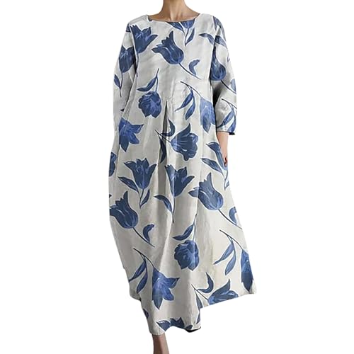 Tages Angebote Sale Damen Kleid Damen Langarm Sommer Kleider Lang Freizeit Lose Sommerkleid Boho Maxikleid Elegant Drucken Rundhals Strandkleid mit Taschen Sommerkleid Langarm Damen Maxi von Skang