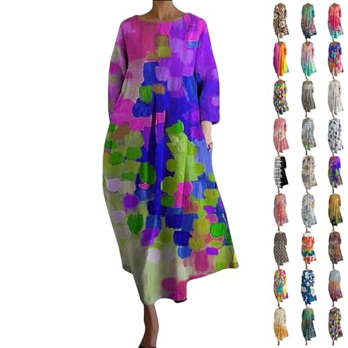 alle Meine bestellungen anzeigen 2024 Kleid Damen Langarm Sommer Kleider Lang Freizeit Lose Sommerkleid Boho Maxikleid Elegant Drucken Rundhals Strandkleid mit Taschen Kleid Damen Sommer Langarm von Skang