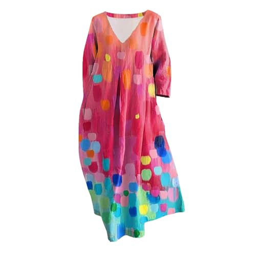 blitzangebote des Tages Heute Kleid Damen Langarm Sommer Kleider Lang Freizeit Lose Sommerkleid Boho Maxikleid Elegant Drucken Rundhals Strandkleid mit Taschen Langarm Kleider Damen Sommer von Skang