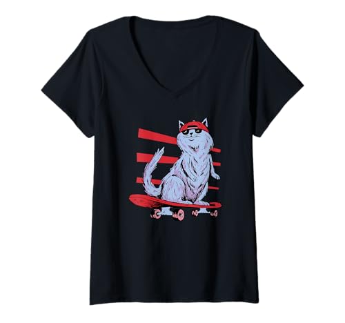 Damen Skate Cat - Lustiges Skateboarding T-Shirt mit V-Ausschnitt von Skate Cat