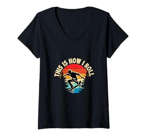Damen So Rolle ich Skateboard Retro Sunset T-Shirt mit V-Ausschnitt Damen So Rolle ich Skateboard Retro Sunset T-Shirt mit V-Ausschnitt von Skate Life Designs