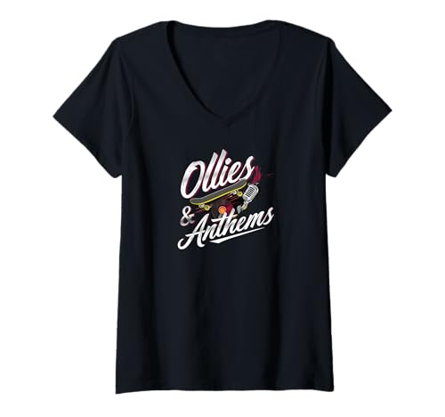 Damen Ollies & Anthems Skateboard Music Retro Vinyl Skater T-Shirt mit V-Ausschnitt Damen Ollies & Anthems Skateboard Music Retro Vinyl Skater T-Shirt mit V-Ausschnitt von Skate Music Culture Apparel